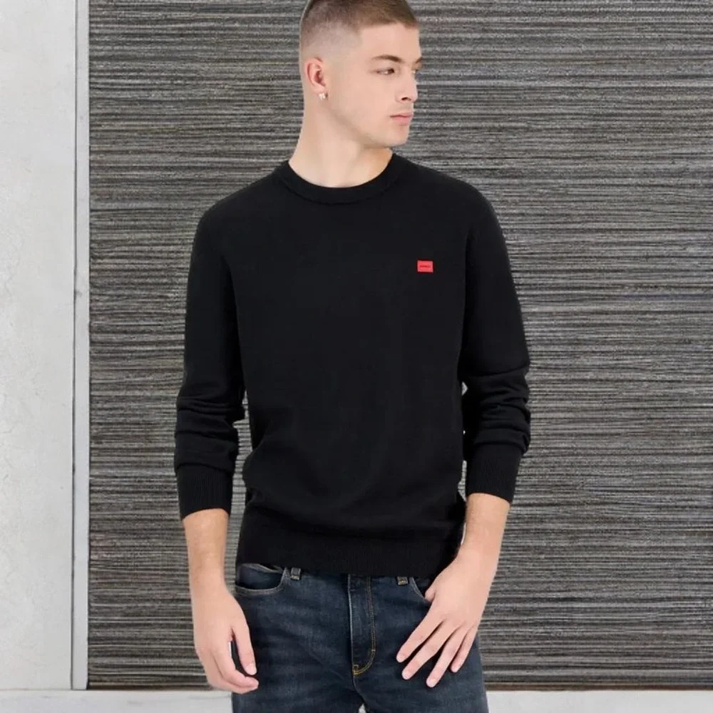 HUGO Boss Cassius Men's Black Cotton Crewneck Sweater Red Logo Sz L NWT $120 - Picture 2 of 9